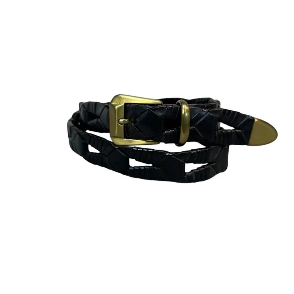Vintage Black Woven Braided Leather Belt Gold Buckle Made in Spain Size 30 75